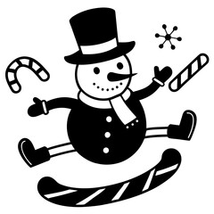 Cheerful Snowman Leaping with Candy Cane and Snowflake a Festive Winter Celebration Illustration in Black and White