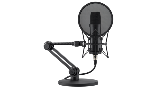 Professional studio microphone with pop filter and boom arm for clear audio recording