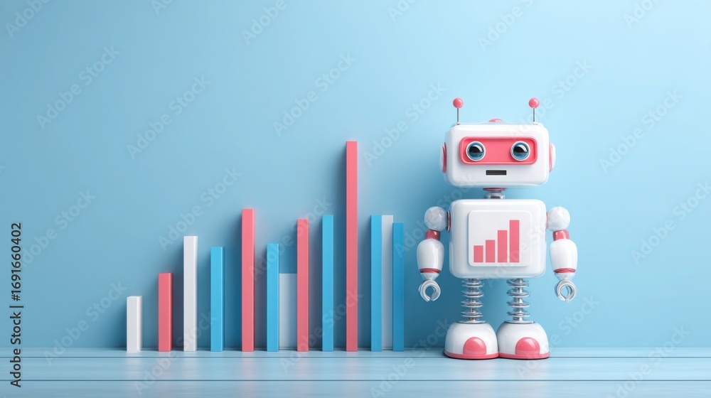 Poster robot standing in front of bar chart symbolizing corporate analytics bot icon concept for minimalist