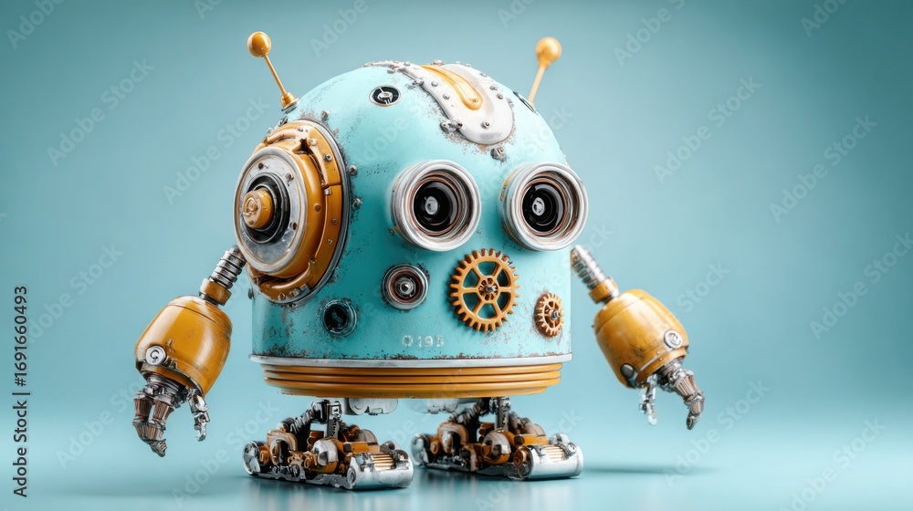 Poster robot with gears on it symbolizing corporate automation bot icon concept for abstract business and r