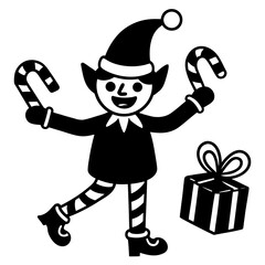 Festive Christmas Elf with Candy Canes and Gift Box Black and White Vector Illustration Holiday Celebration