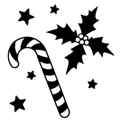 Festive Christmas Decoration with Candy Cane Holly and Stars Black and White Holiday Season Illustration