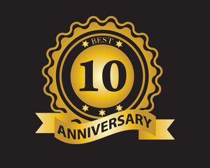 Fototapeta premium 10th Anniversary Golden Badge. Best Anniversary Seal with Ribbon. Vector Illustration on Black Background