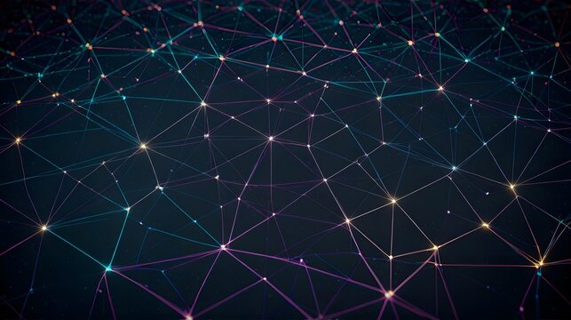 Dynamic glowing network of interconnected nodes and lines forms a vibrant abstract digital web, representing data, science, and future technology in a modern, luminous aesthetic.