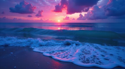 Serene Coastal Sunset Ocean Wave Meets Shore at Dusk with Vibrant Sky