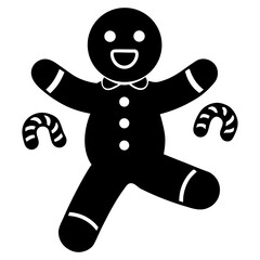Festive Gingerbread Man and Candy Canes a Cheerful Holiday Icon Black and White Design