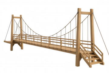Simple wooden suspension bridge with stairs and transparent background, perfect for architectural visualization