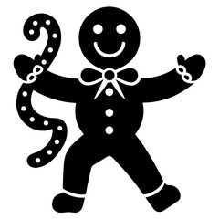 Festive Gingerbread Man with Candy Cane Illustration Holiday Season Christmas Symbol Celebratory Icon Black and White Graphic