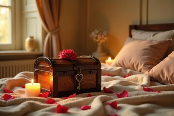 Romantic Wooden Chest with Candlelight and Rose Petals on a Soft Bed