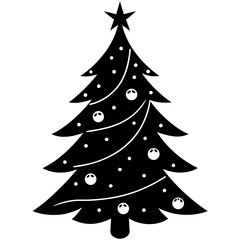 Monochrome Christmas Tree Illustration with Star Ornament and Decorations Holiday Season Design for Backgrounds and Templates