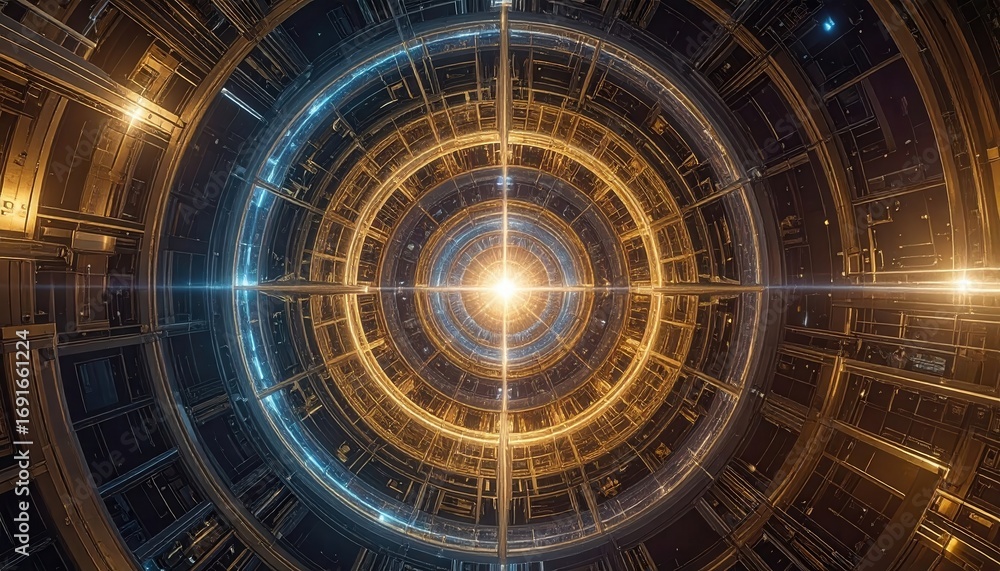 Poster a captivating, futuristic tunnel design radiates with golden and blue light, showcasing intricate ci