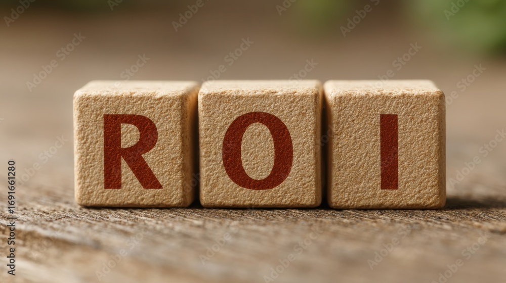 Aufkleber wooden block displaying roi text as a symbol of financial growth and optimization in blockchain inve