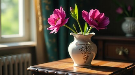 Sunlit Pink Flowers in an Ornate Vase on Wooden Table