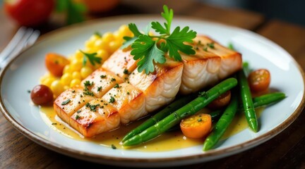 A delectable dish featuring pan-seared fish fillet, complemented by vibrant corn kernels, tender green beans, and glistening sauce.
