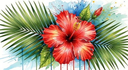 Vibrant red hibiscus flower bursts with tropical energy alongside lush green palm leaves, evoking summer paradise and exotic vacation vibes