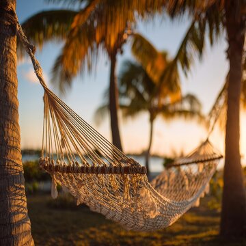 Serene Hammock Relaxation Under Palm Trees at Sunset in Paradise