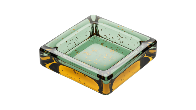 Elegant square glass ashtray with gold speckles and amber accents