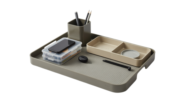 Modern desk organizer with phone, pens, and storage for tidy workspace