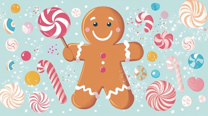 Naklejka premium Cute Cartoon Gingerbread Man Smiling Holding Lollipop Surrounded by Gumdrops and Candy Canes, Pastel Background, Vector Illustration