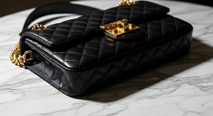 Elegant Black Quilted Handbag with Gold Chain on Marble Surface.