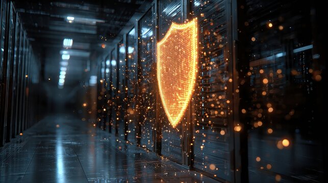 Digital shield in server room, data protection and cyber security concept