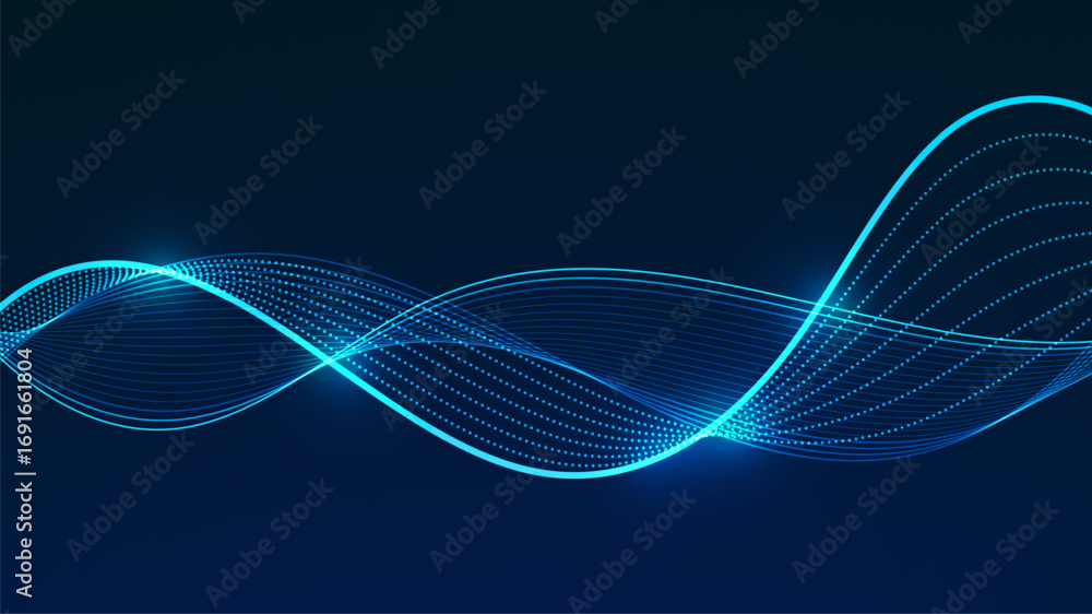 Poster abstract digital wave with flowing lines and glowing particles.