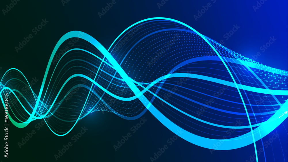 Poster abstract digital wave with flowing lines and glowing particles.