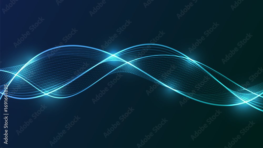 Poster abstract digital wave with flowing lines and glowing particles.