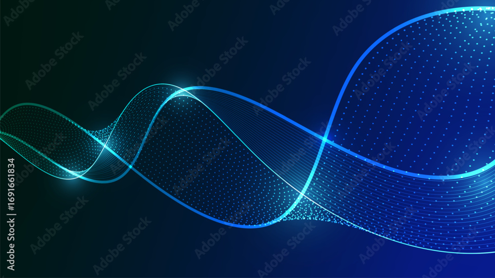 Poster abstract digital wave with flowing lines and glowing particles.