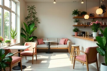 Modern living room interior design with natural light, featuring a light beige sofa, pink accent pillows, wooden chairs, and various potted plants