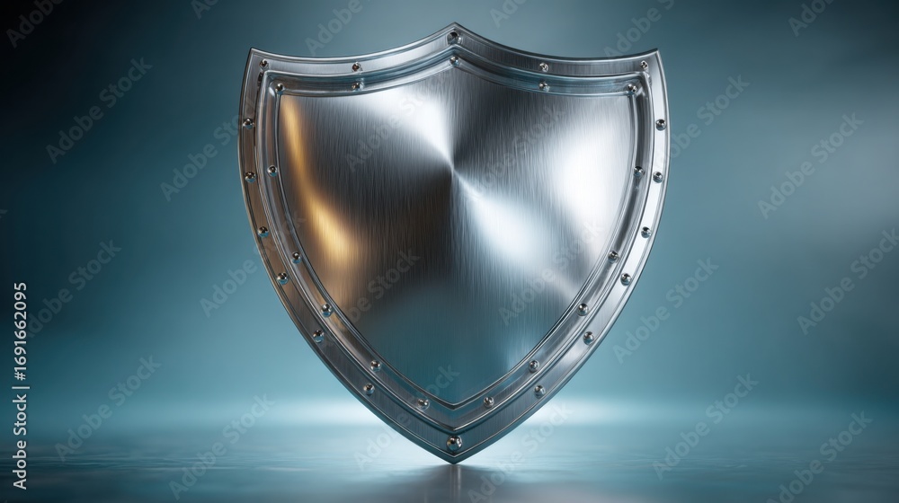 Poster shiny metal shield on a blue background representing security in cyber-proof yield model icon concep