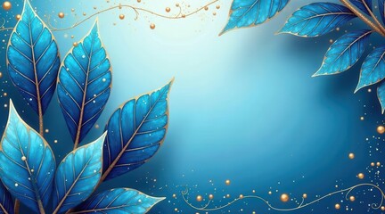 Elegant Azure Leaves with Golden Accents A Serene Background for Design Projects