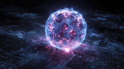 Abstract glowing sphere with digital connections on a dark background