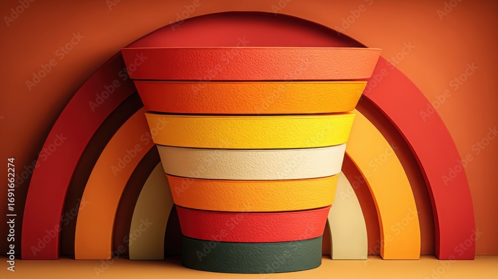Poster stack of colorful cups representing data-calculated funnel icon concept for insight-based conversion