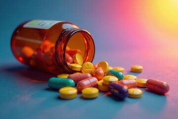 Amber bottle spills assorted capsules and tablets onto a smooth surface under colorful lighting