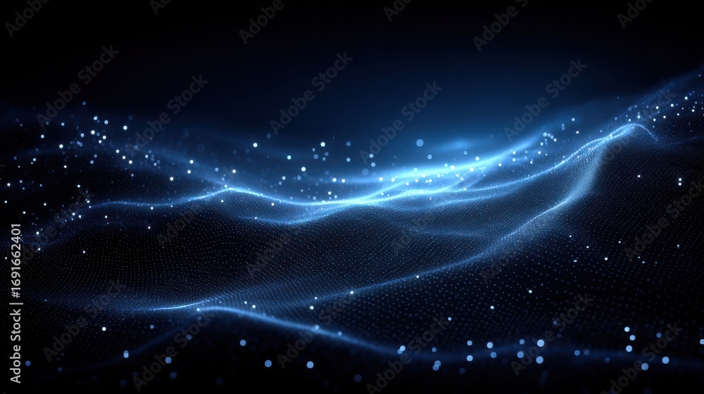 Poster dark background featuring a vibrant blue wave symbolizing data convergence and unified portfolio con