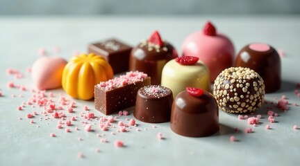 An assortment of delectable artisan chocolates, showcasing a variety of shapes, colors, and textures, displayed on a light gray surface, adorned with delicate pink sprinkles.
