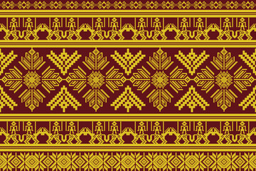 Traditional seamless Thai fabric pattern, pixel style woven textile design with geometric shapes and floral motifs in yellow and red colors. Authentic Asian cultural ornament, ethnic background for te