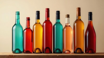 A vibrant collection of colorful glass wine bottles arranged on a rustic wooden surface against a neutral backdrop
