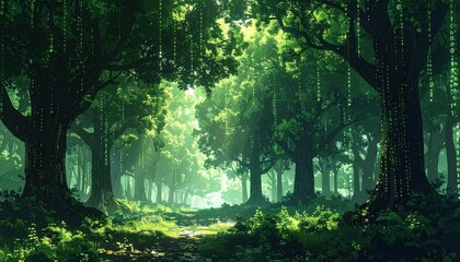 Naklejka premium A lush, digital forest path, bathed in soft sunlight, showcases binary code cascading from the trees.