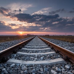 Fototapeta premium Sunset Over Train Tracks with Dramatic Sky and Landscape View