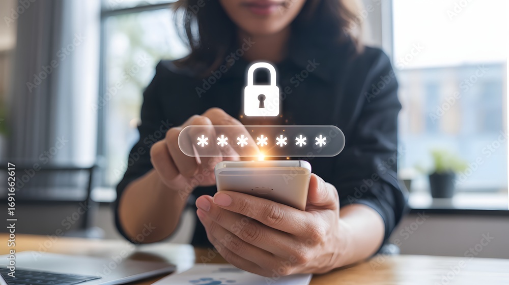 Poster woman using smartphone with digital password login and security lock icon concept representing cyber