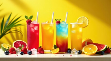 Refreshing Summer Beverages with Colorful Fruits and Ice