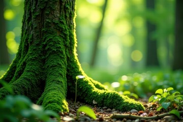 A Lush Forest Floor Scene Featuring a Moss-Covered Tree Base and a Tiny Sprout Emerging