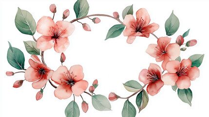 Delicate watercolor wreath of pink cherry blossoms and green leaves