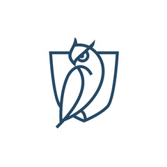 Modern linear design of a wise owl inside a shield crest. An elegant, minimalist logo concept symbolizing knowledge, security, and education