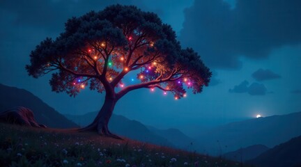 Serene Nighttime Landscape Featuring a Majestic Tree Adorned with Festive Lights on a Hilltop