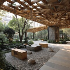 Fototapeta premium Tranquil Urban Garden with Wooden Canopy and Serene Pathways