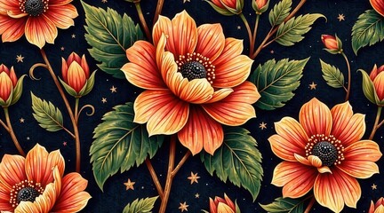 A Night Garden Elegant Blooms and Celestial Dust, a Seamless Pattern of Exquisite Floral Designs