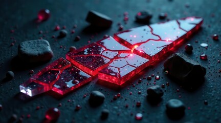 Red Fractured Glass Panel Glowing With Internal Light Source Amidst Dark Rocks and Beads